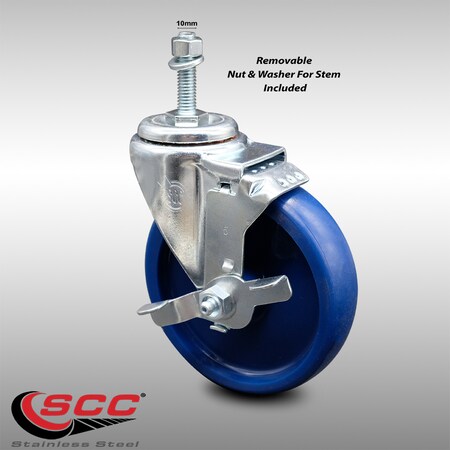 Service Caster 5 Inch SS Solid Polyurethane Swivel 10mm Threaded Stem Caster with Brake SCC SCC-SSTS20S514-SPUS-TLB-M1015